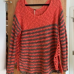 Free People Orange Gray Striped Nubby Knit Sweater